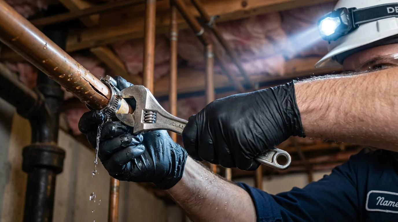 Emergency pipe clamp repair being performed by a Johns Plumbing LLC plumber in Pottsboro