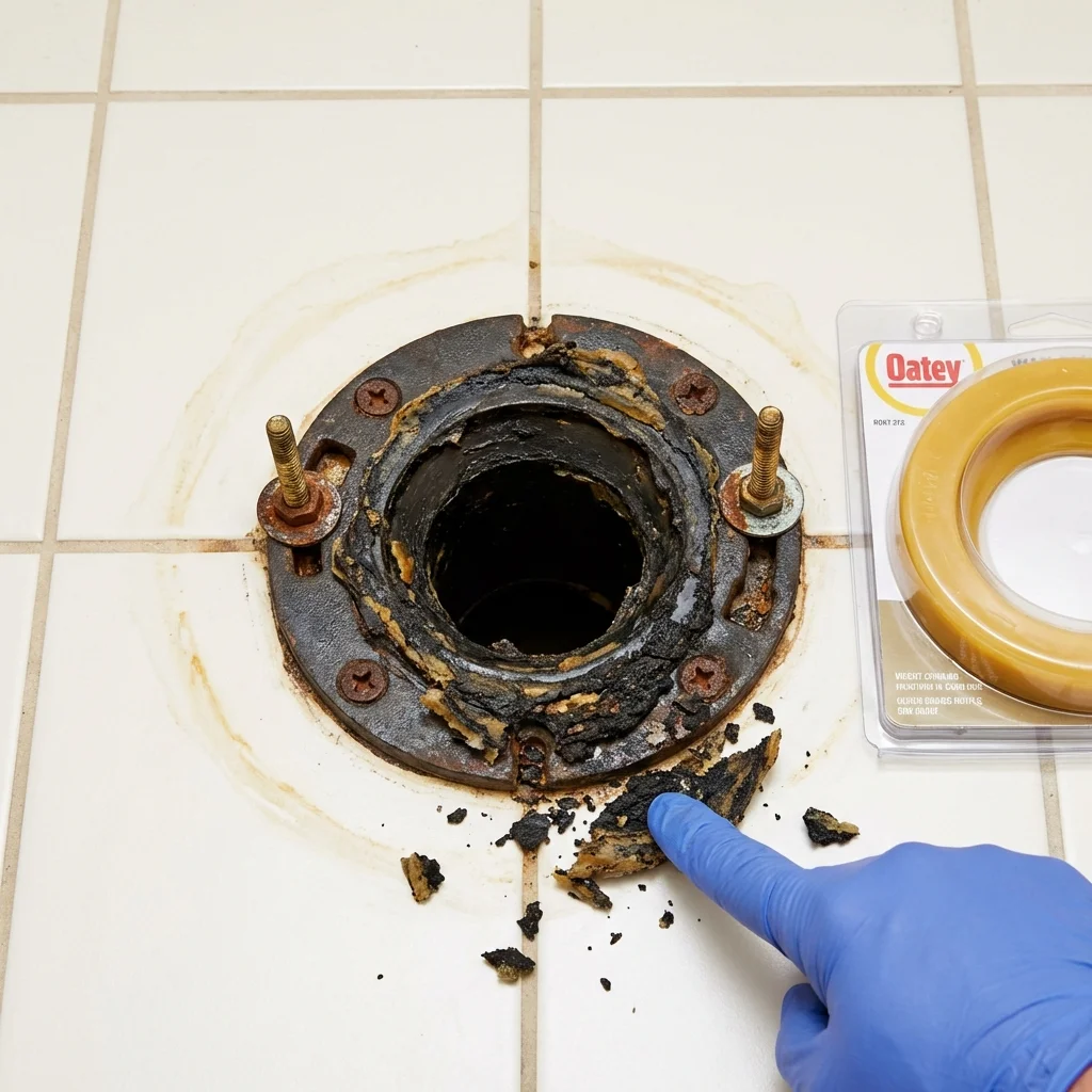Failed wax ring showing water seepage at the base of a toilet in a Pottsboro, TX home